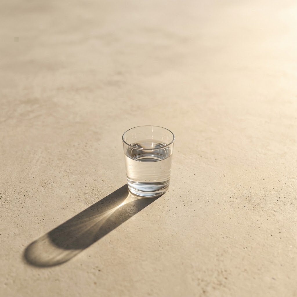 Clear glass of water casting a long morning shadow on concrete