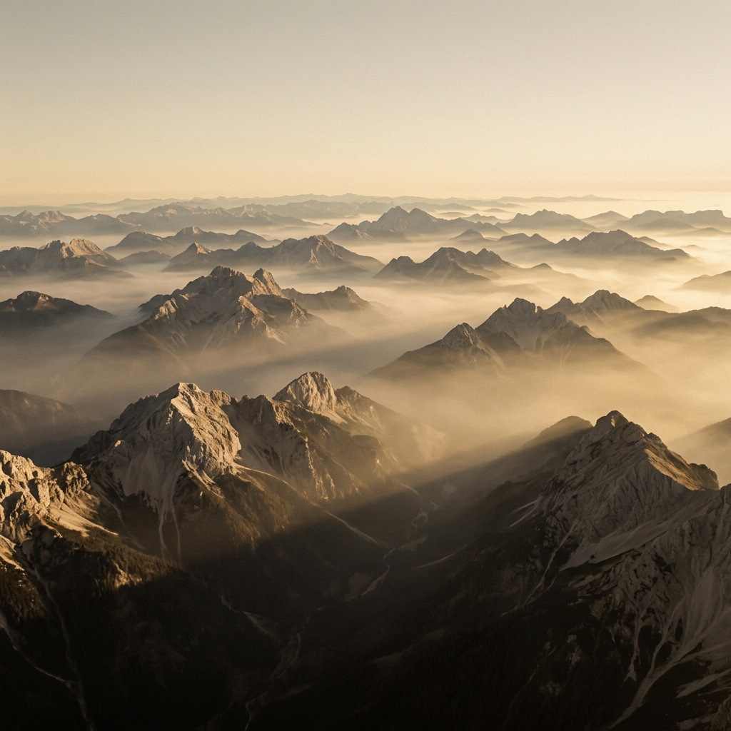 Misty mountain ridgelines illuminated by pale gold morning sunlight
