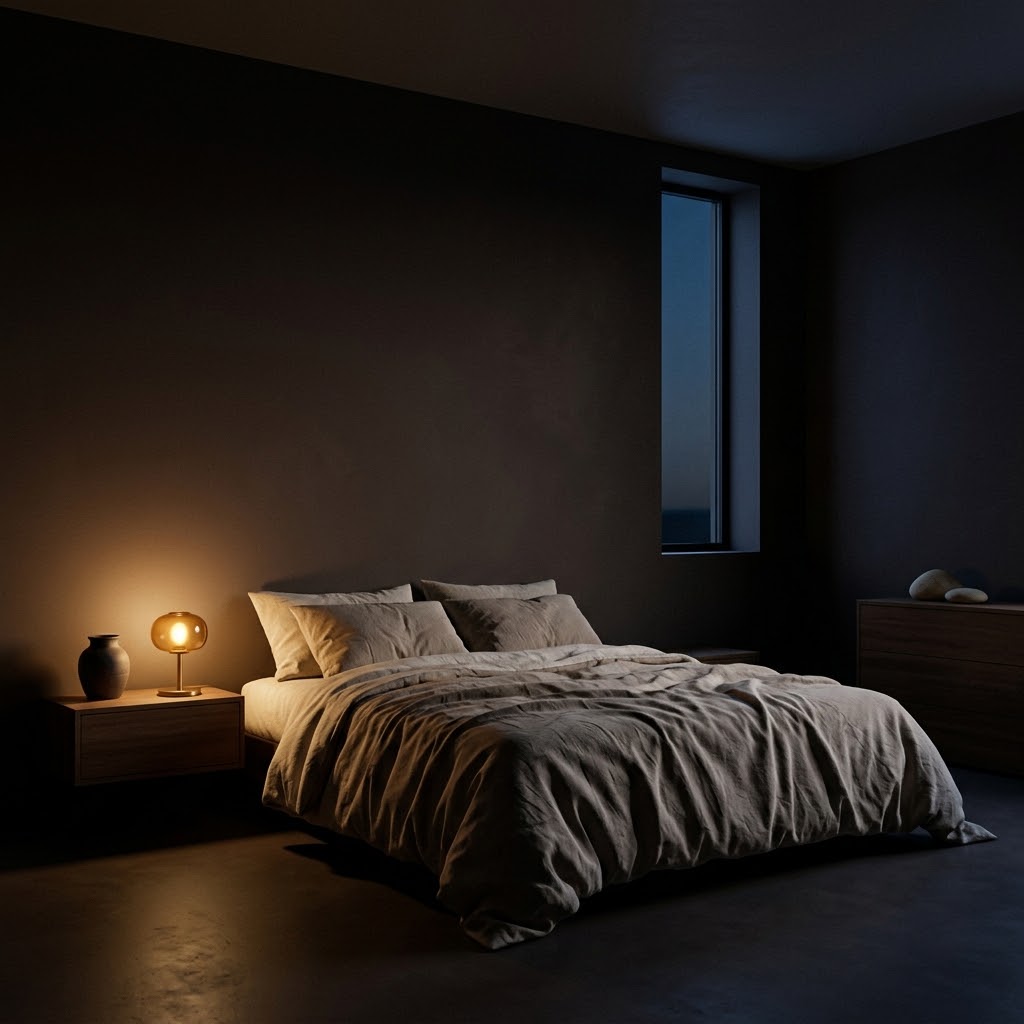 Minimal bedroom with natural linen and a single warm lamp at dusk