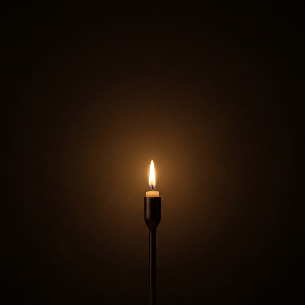 Single candle flame glowing in a dark room