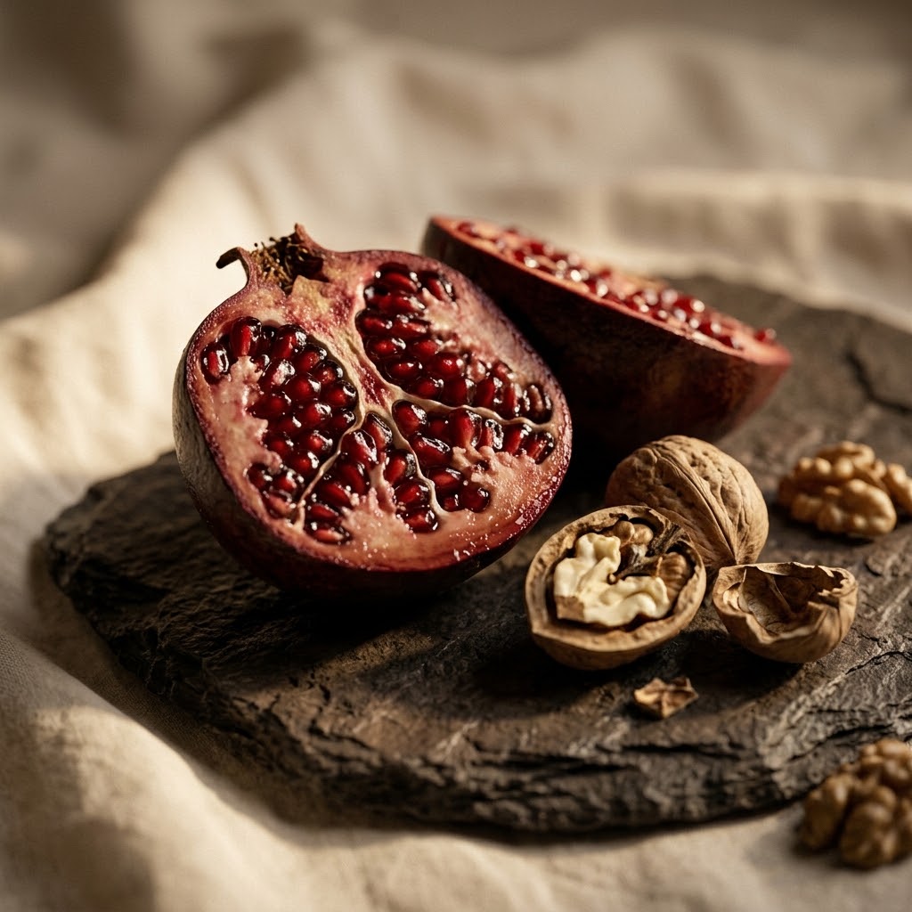Halved pomegranate and cracked walnuts on dark slate