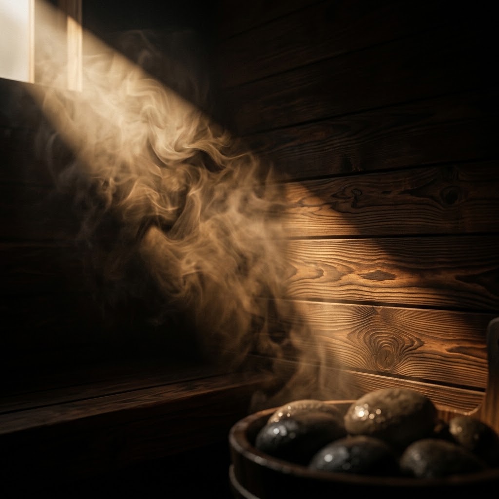 Steam moving through warm light inside a dark cedar sauna