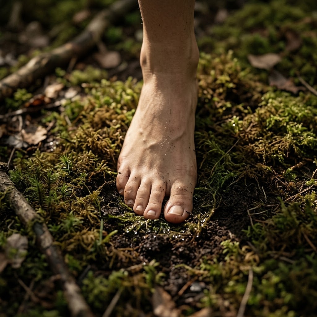 Bare foot pressing into damp forest moss and earth